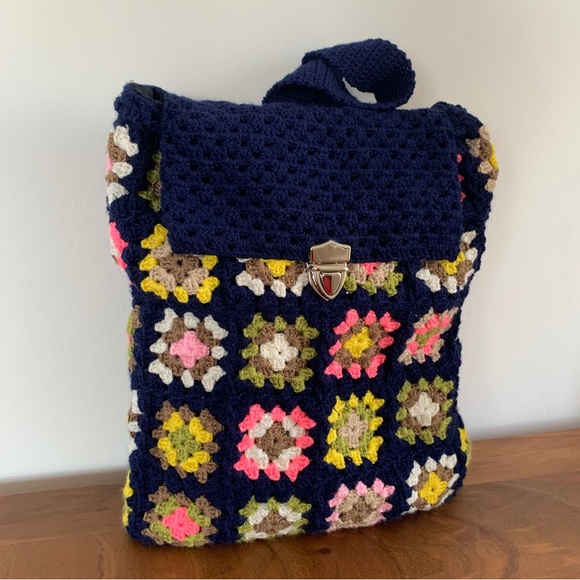 Handmade Crochet Granny Square Knit Backpack Purse - Picture 2 of 11
